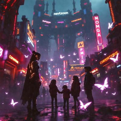 The primary subject of the image is a woman standing on a street with three children. They are all dressed in red and purple, and they appear to be enjoying their time together. The setting is a city street with buildings in the background, and the visual style is a combination of photo and digital art. The colors and mood of the image are vibrant and lively, with the woman and children being the main focus of the scene.